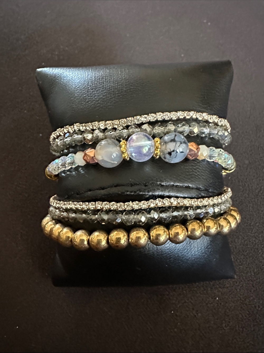 Multistrand Beaded Bracelet Stack with Gold Accents - Gray & Iridescent